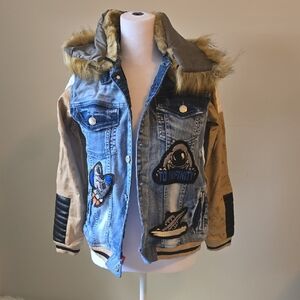 Kids Denim Jacket with Patches and Faux Fur Hood